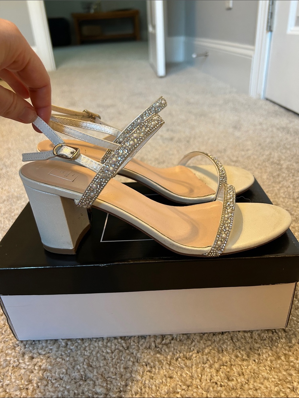 DB Studio White Rhinestone Block Heels - Picture 3 of 6